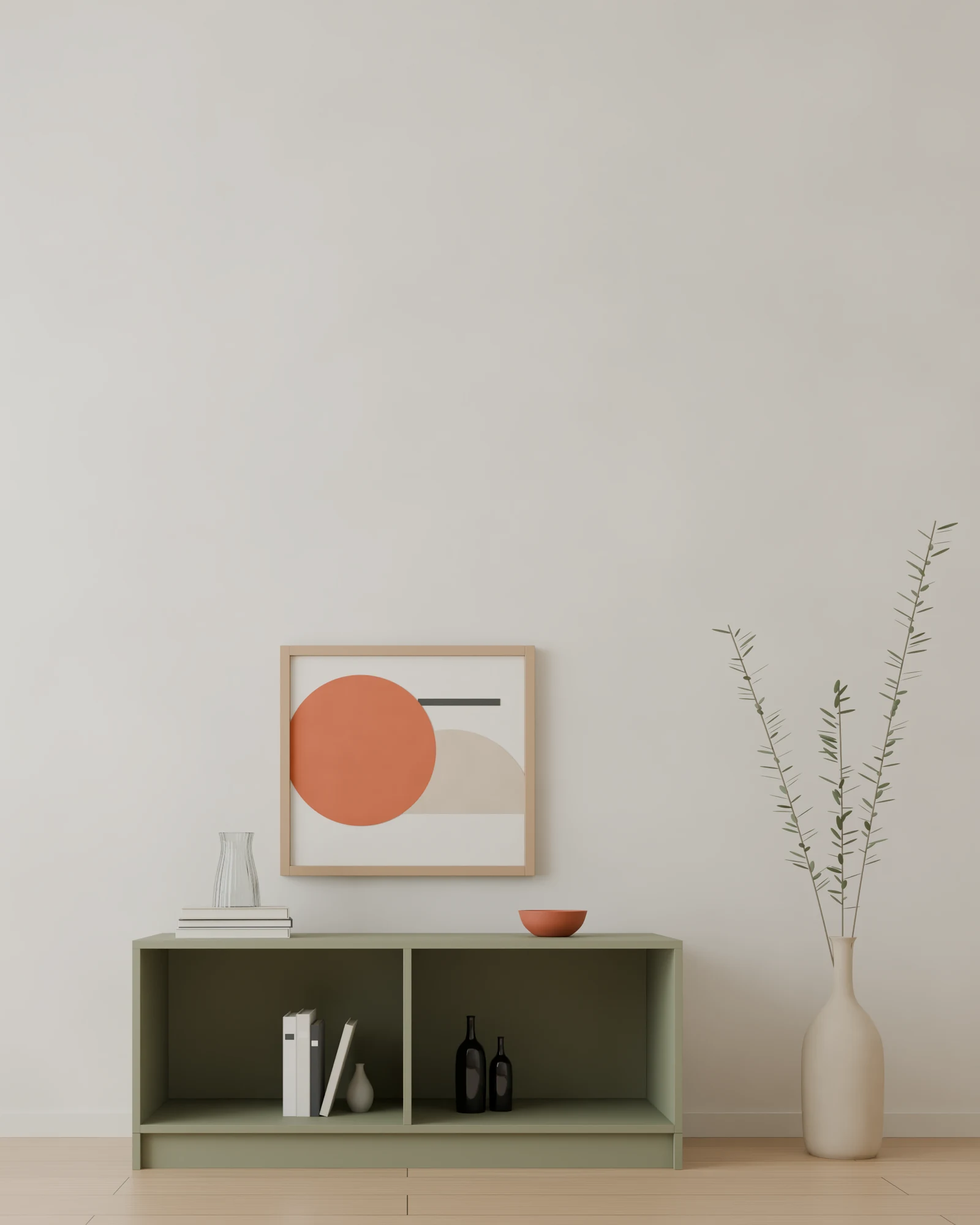 Alero 120 × 50 × 45 cm en oliva, sin gavetas ni puertas, vista de frente
