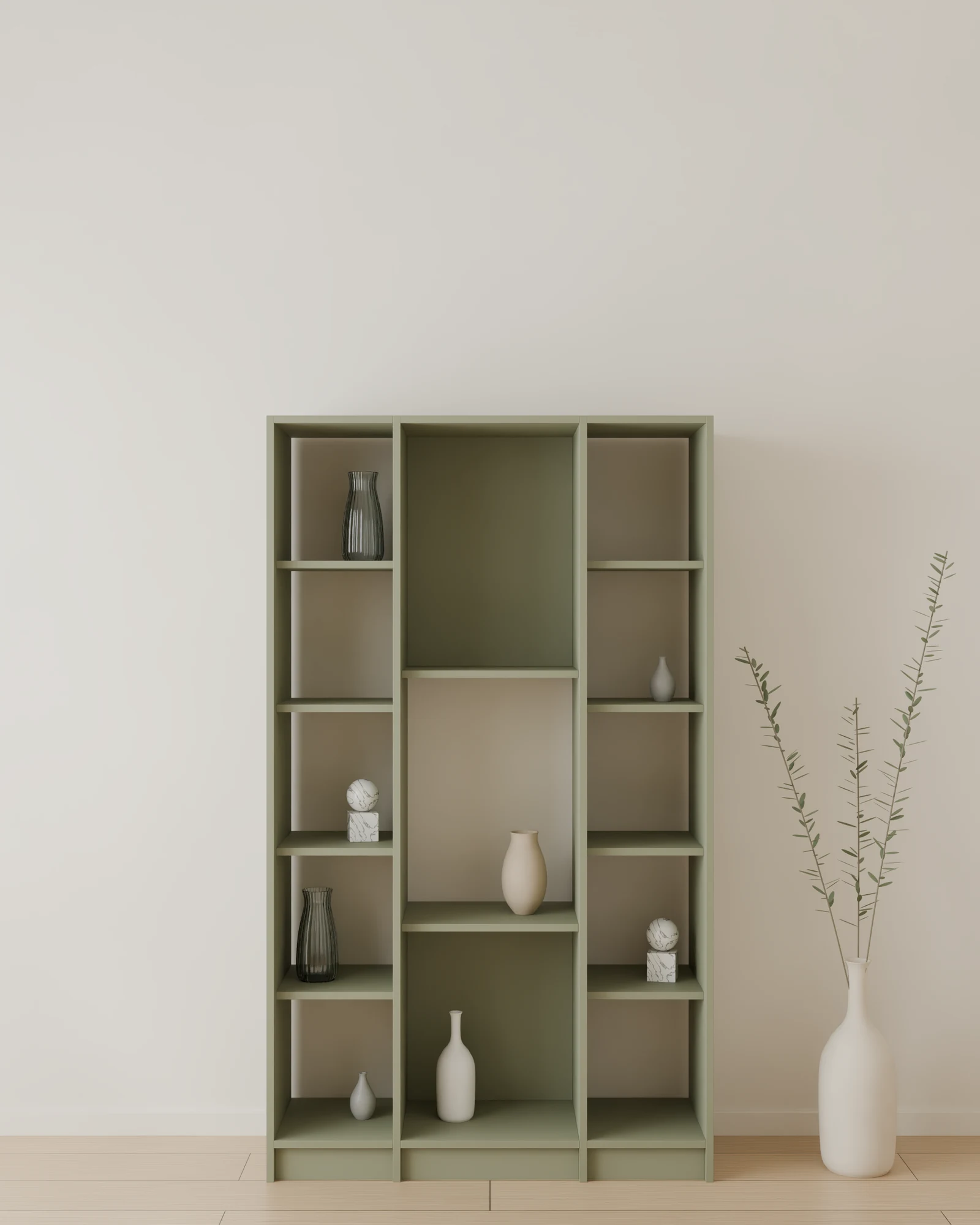 Tramo 105 × 180 × 35 cm en oliva, sin gavetas ni puertas, vista de frente