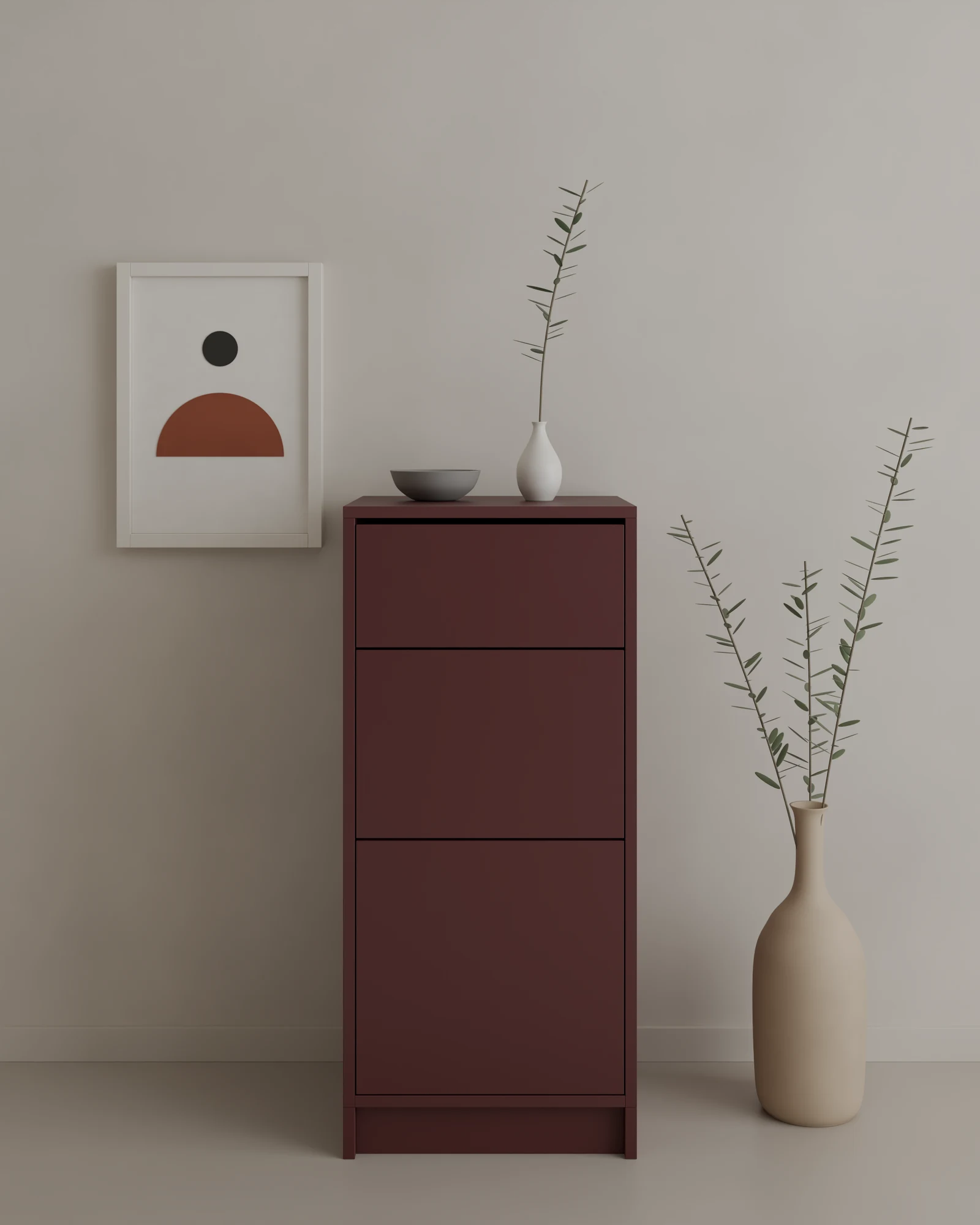 Montante 45 × 100 × 40 cm en vinotinto, con 3 gavetas, vista de frente