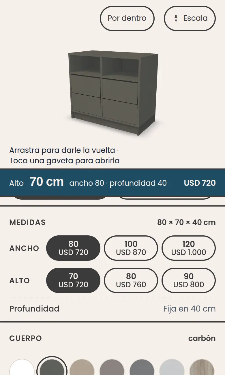 La ficha de Estrato: el mueble en 3D a la izquierda y, a la derecha, los botones de ancho y alto con el precio de cada medida.