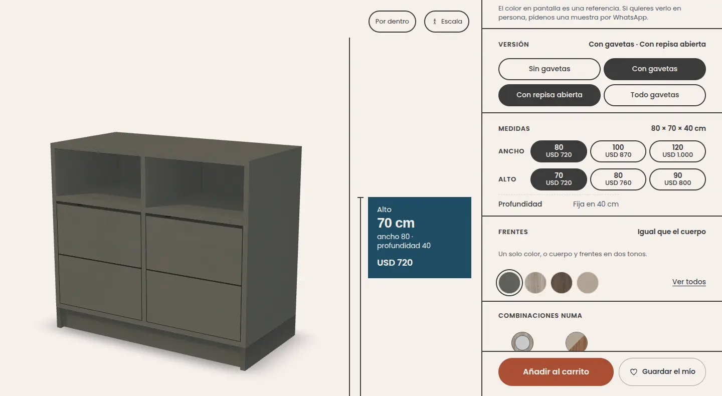 La ficha de Estrato: el mueble en 3D a la izquierda y, a la derecha, los botones de ancho y alto con el precio de cada medida.